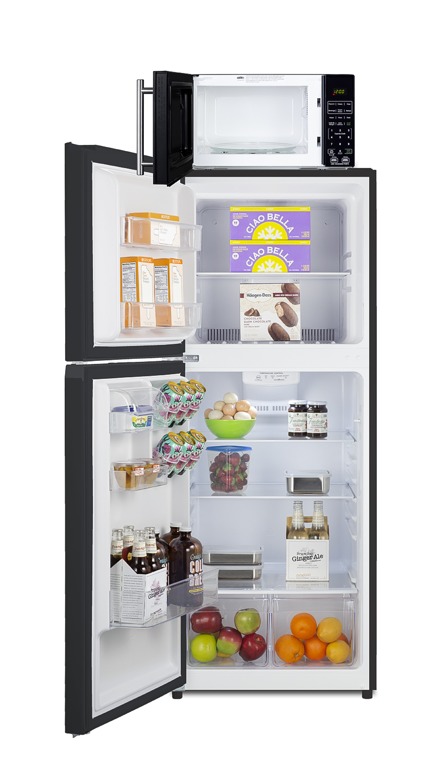 Frost-free 10.1 cu.ft. refrigerator-freezer and compact microwave in black with allocator and USB ports for 1-plug operation; ships in three boxes on one pallet